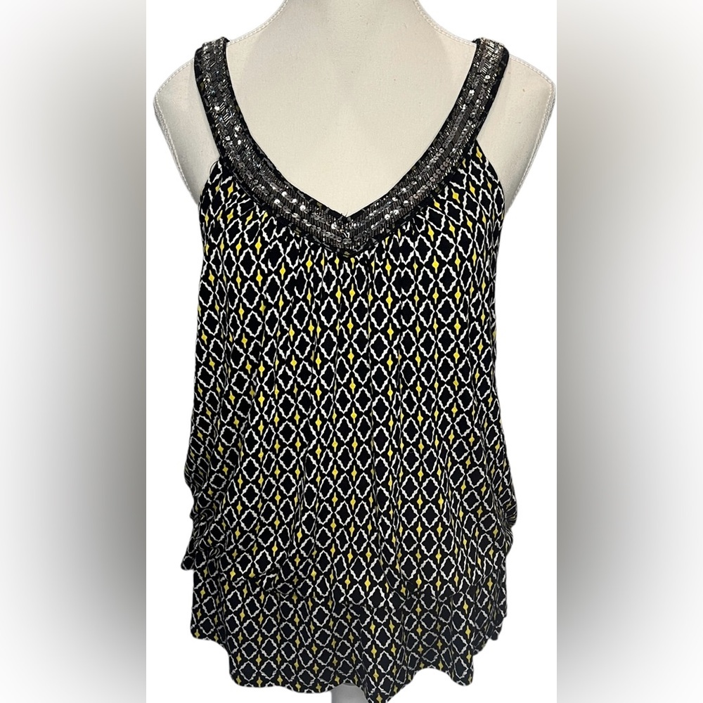 INC International Concepts Sequined V Neck Tank Top Yellow & Black | Size Large